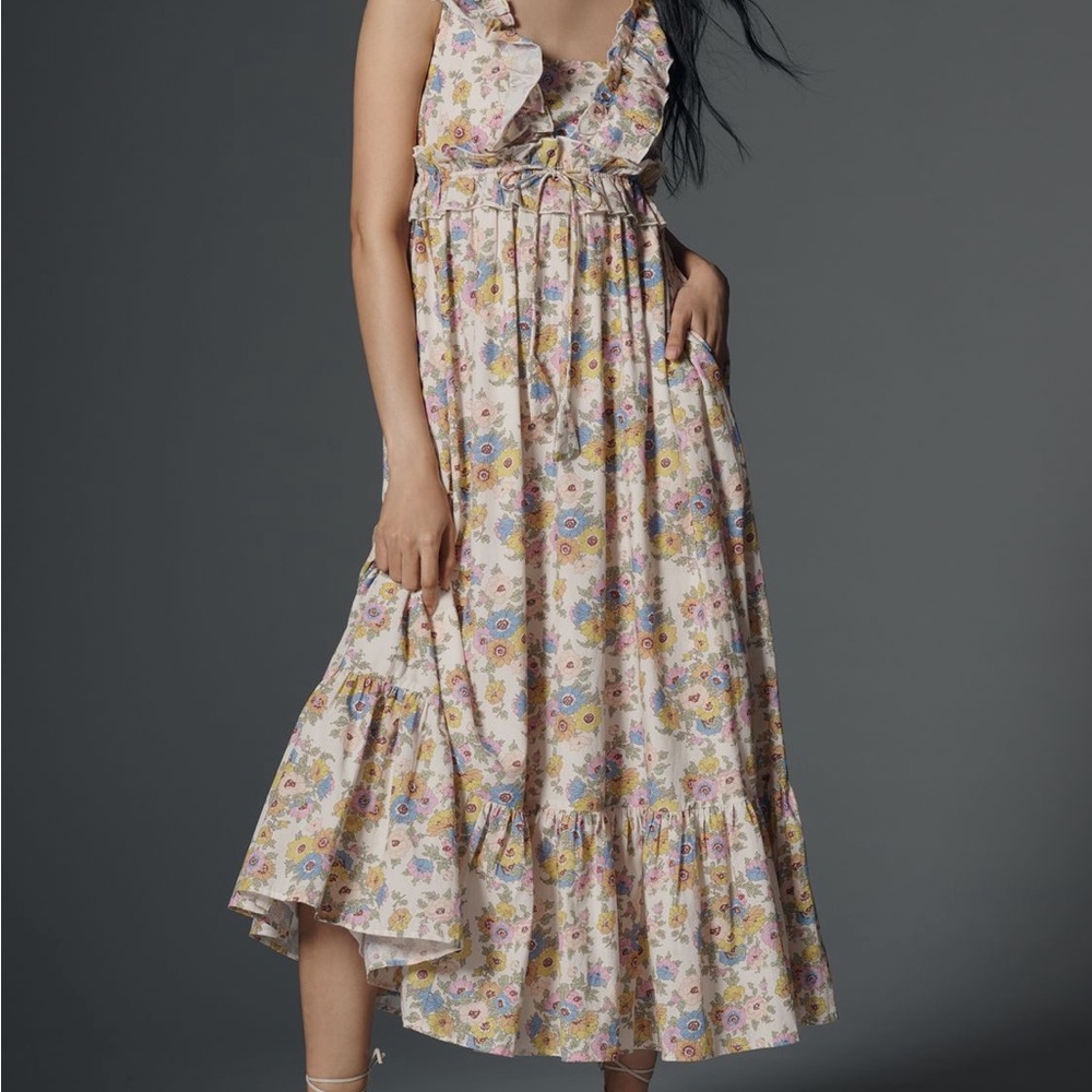Ruffle-Trim Floral Midi Dress in Cream